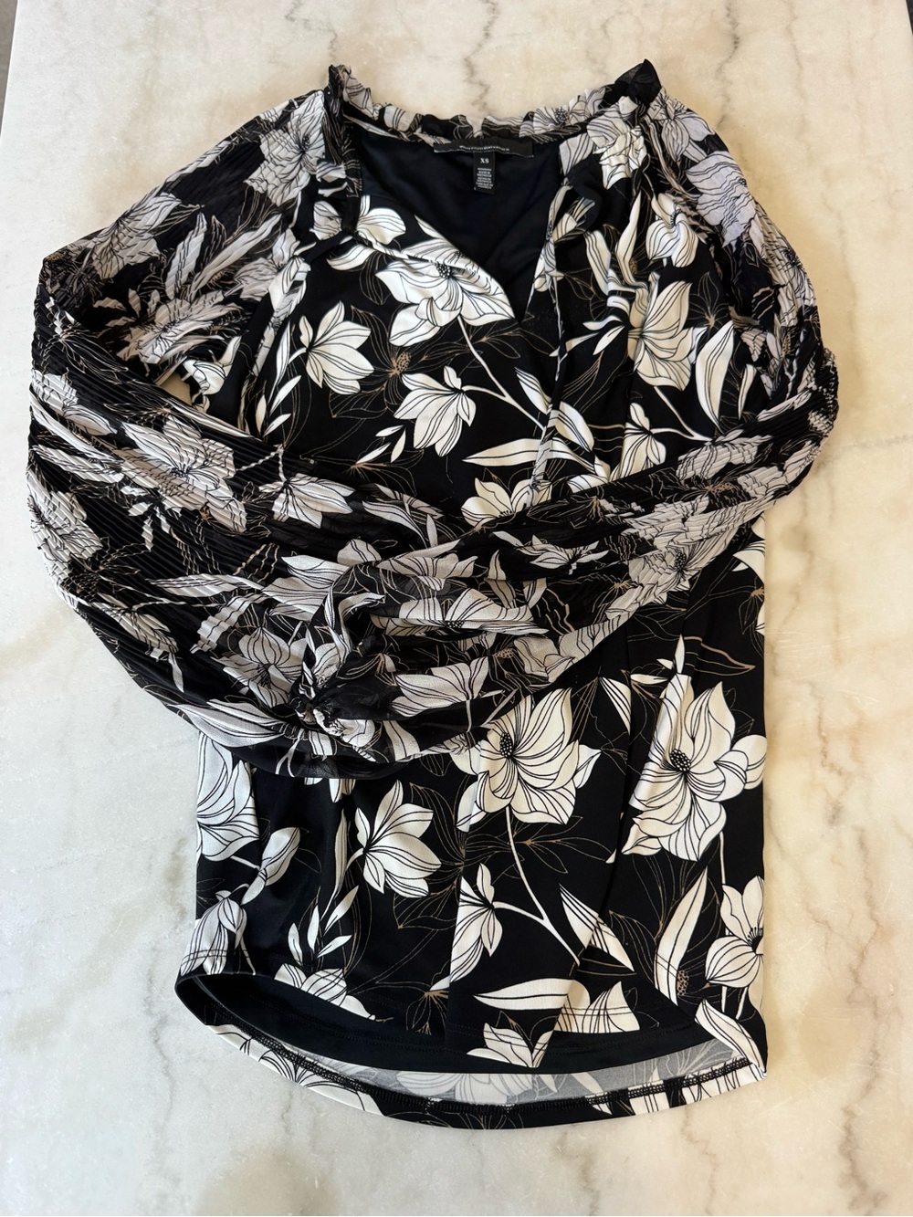 White House Black Market Black Blouse with Cream Floral Print